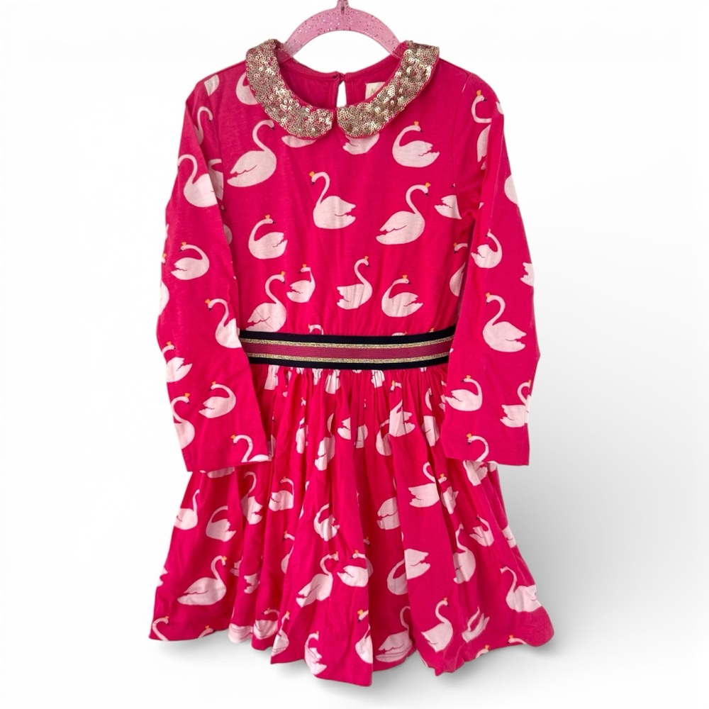 Mini Boden Swan Dress Sequin Collar Pink Gold White Girls 3/4